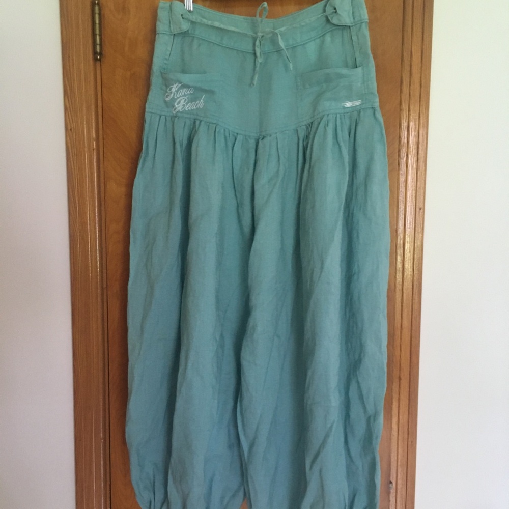 KanaBeach wide harem linen pants size L light turquoise